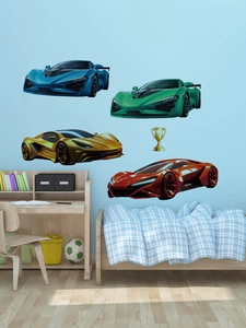 Detail view of colorful self-adhesive racing car wall stickers for nursery decor