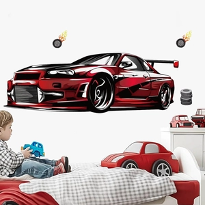 Red racing car wall sticker set for kids room decor with flame and tire decals