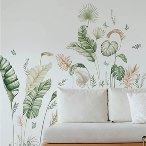 Tropical banana leaf wall stickers with monstera and butterfly for living room decor