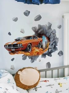 Detail of 3D orange muscle car wall sticker with fire and broken brick effects