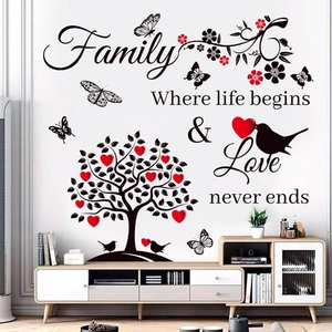Sticker mural arbre généalogique avec cœurs rouges et citation pour le salon