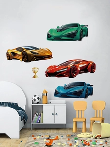 3D colorful sports car wall decals displayed on a clean white wall in a modern kid room