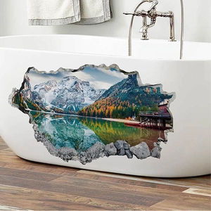 3D Broken Wall Effect Snow Mountain Lake Nature Landscape Wall Sticker Waterproof PVC Decal For Living Room Bathroom Decor