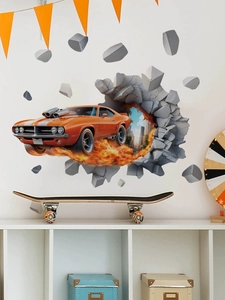 Detailed 3D wall sticker featuring an orange muscle car breaking through a wall