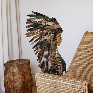 Native American girl wall sticker with feather headdress in a natural home decor setting