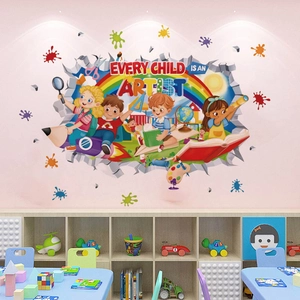 3D Broken Wall Cartoon Children Wall Stickers PVC Self Adhesive Rainbow Every Child Is An Artist Decal For Kids Nursery Room Decor