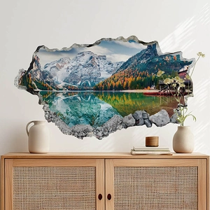 3D snowy mountain lake landscape wall decal with broken wall effect for home decor