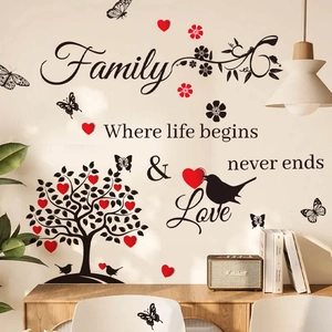 Sticker mural Arbre de Vie avec texte noir et cœurs rouges pour déco intérieure