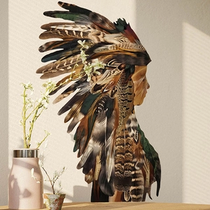 Artistic Indian girl wall sticker with colorful feathers and home decor shadows