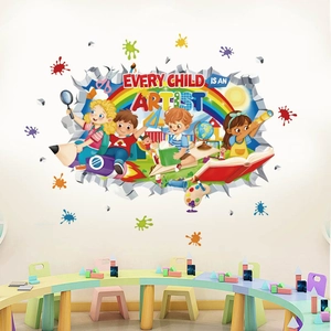 Colorful 3D cartoon kids wall decals with Every Child Is An Artist quote for classrooms