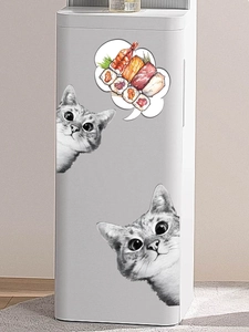 Detail of 3D cat wall stickers showing two gray kittens and colorful sushi platter graphics