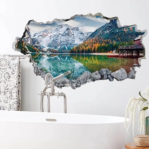 3D snowy mountain lake landscape wall sticker with cracked stone effect for home decor