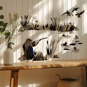 Hunting theme 3D wall stickers featuring hunter and wild ducks on white louvered wall
