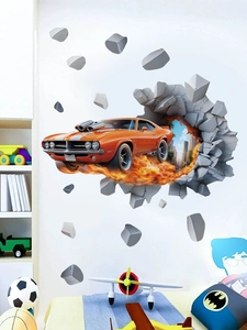 Detail of 3D wall sticker featuring a vintage orange muscle car crashing through a wall