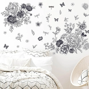 Sticker mural croquis papillon et libellule avec pivoines noires pour décoration de chambre