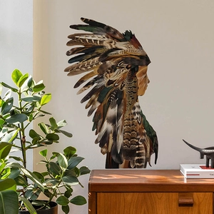 Artistic Indian style girl wall sticker with feather headpiece in a cozy home setting