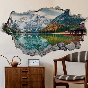 3D snowy mountain lake wall sticker with natural forest view for home wall decor