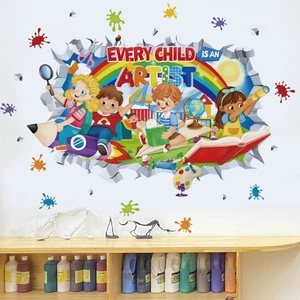 Cartoon wall decal with children and Every Child Is An Artist quote for kids room