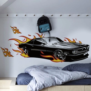 Sticker Mural Flamme Voiture de Muscle Imperméable PVC Amovible Décalcomanie Automobile pour Chambre d'Enfant Décoration Moderne