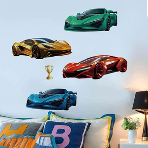 Colorful sports car wall decals set for kids bedroom decor featuring four racing cars