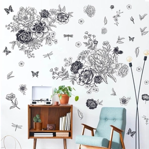 Stickers muraux croquis papillon libellule fleurs décoration intérieure salon PVC