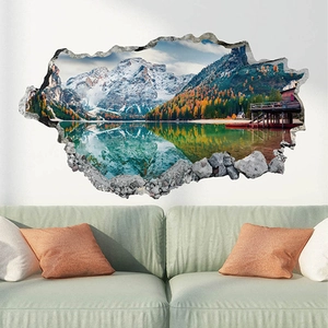 3D snow mountain and lake wall sticker with forest landscape for living room decor