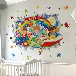 3D rainbow cartoon wall decal with Every Child Is An Artist quote in a nursery room