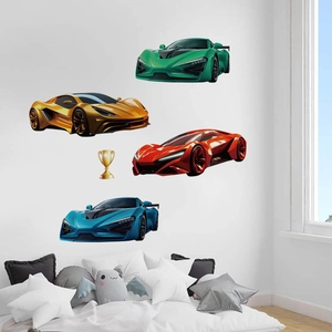 Vibrant sports car wall sticker set for kids room featuring colorful racing cars and trophy