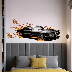 Sticker mural voiture de sport classique avec flammes pour décor de chambre enfant