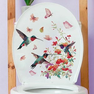 Waterproof PVC toilet stickers with hummingbirds, butterflies, and flowers in watercolor style