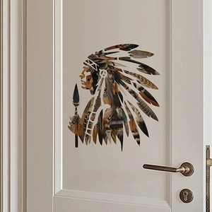 Indian chief silhouette wall decal with colorful feathers on a white wooden door