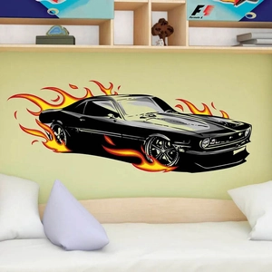 Sticker mural de voiture de course noire avec flammes jaunes pour chambre d'enfant