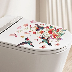 Waterproof PVC toilet lid decal featuring colorful hummingbirds, butterflies and flowers