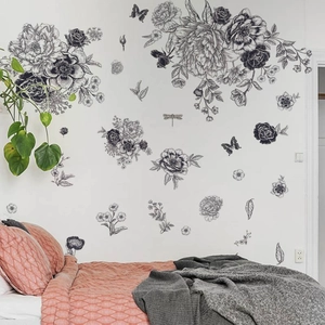 Stickers muraux papillon et fleur style croquis pour décoration salon et chambre