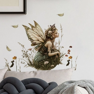 Vintage forest fairy wall sticker with butterfly wings and flowers for home decor