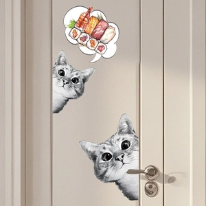 Cute gray tabby cat head wall stickers with Japanese sushi art for home decoration