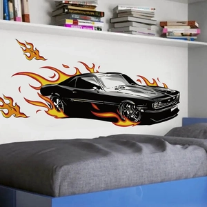 Sticker mural voiture de sport noire et flammes orange pour déco chambre d'enfant