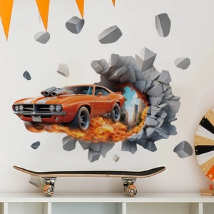 3D wall sticker featuring an orange muscle car breaking through wall with flames and debris