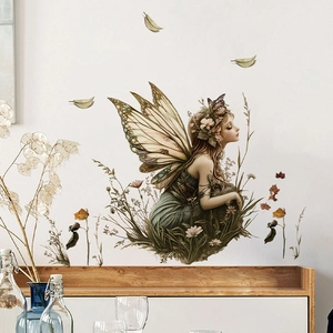 Forest fairy wall sticker with butterfly wings and floral elements for home decor