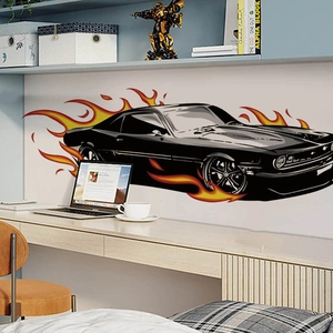 Sticker mural voiture de sport noire avec flammes pour décoration chambre enfant