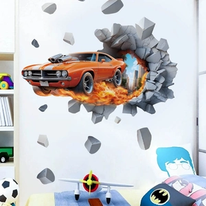 3D wall sticker featuring an orange muscle car breaking through the wall with flames