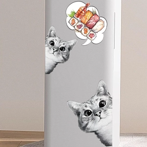 Cute gray tabby cat and sushi wall stickers for a cozy home nursery or kitchen decoration