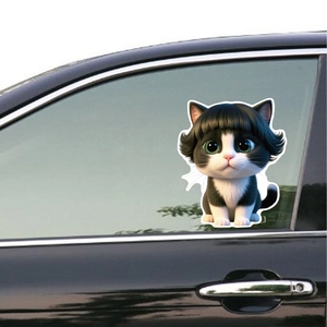 Cartoon schwarz-weiße Katze Autoaufkleber mit grünen Augen auf schwarzem Fenster