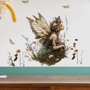 Artistic butterfly fairy wall decal with floral motifs for home living room decoration