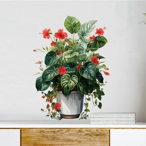 Green Potted Plant Flower Wall Sticker PVC Waterproof Hibiscus Floral 3D Realistic Removable Mural For Living Room Bedroom