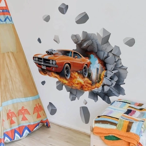 3D wall sticker of an orange muscle car breaking through a wall for kids room