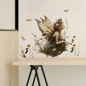 Artistic butterfly fairy wall sticker with flowers and leaves for home decoration