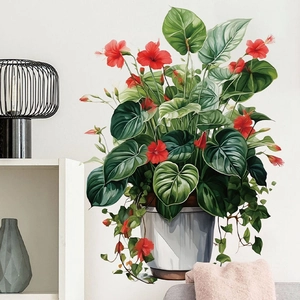 Vibrant green potted plant wall sticker with red hibiscus flowers for home wall decoration