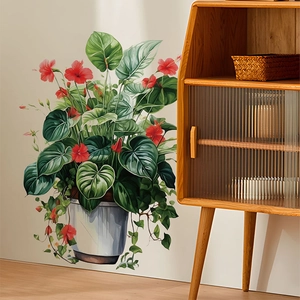Tropical green plants and red flowers wall stickers for bedroom home decoration