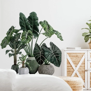 Realistic green potted plant wall stickers and tropical alocasia leaves for home decor